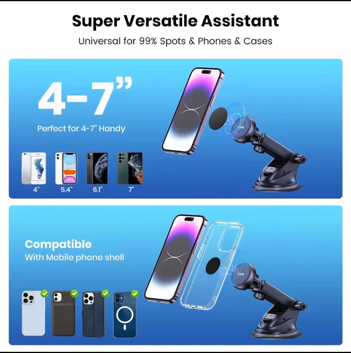 TOPK Magnetic Car Phone Holder Strong Suction Cup Mount Dashboard Windshield Stand Long Arm 360° Adjustable Mobile Phone Holder