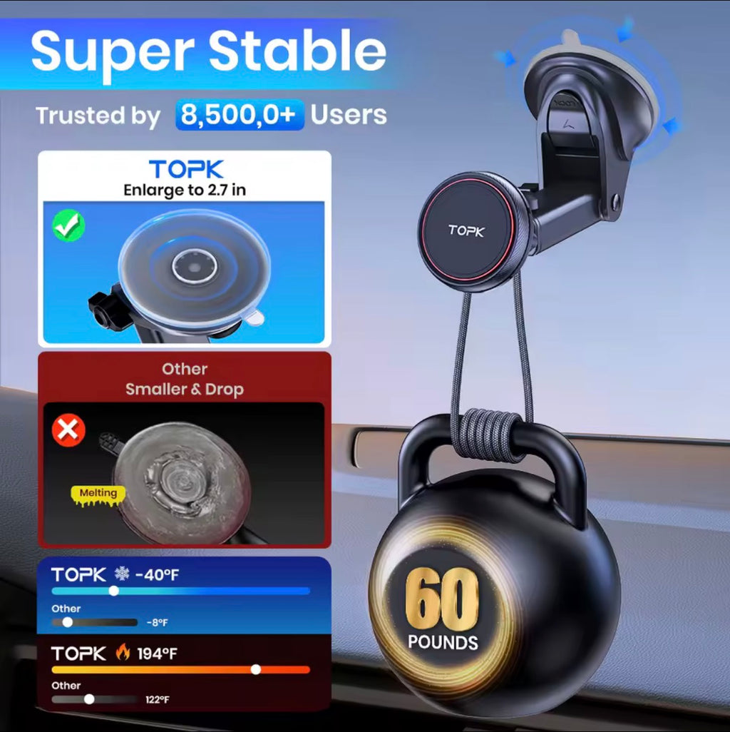 TOPK Magnetic Car Phone Holder Strong Suction Cup Mount Dashboard Windshield Stand Long Arm 360° Adjustable Mobile Phone Holder